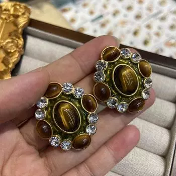 Серебряные иглы средневековые капельные масляные инкрустированные цирконием и камнем тигровый глаз овальные серьги-гвоздики осенние и зимние ретро-серьги