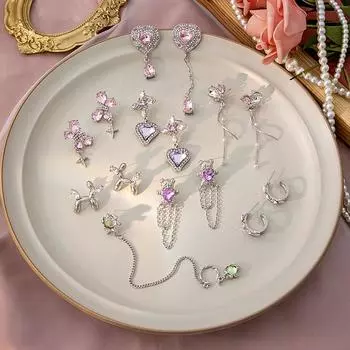 Серебряные игольчатые асимметричные серьги-цепочки: Милые розовые цирконы, бабочки и медведи для женщин