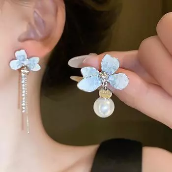 Серебряные игольчатые асимметричные серьги с бантом из искусственного жемчуга и кисточкой, маленькие свежие серьги супер феи, легкие роскошные темпераментные женские серьги