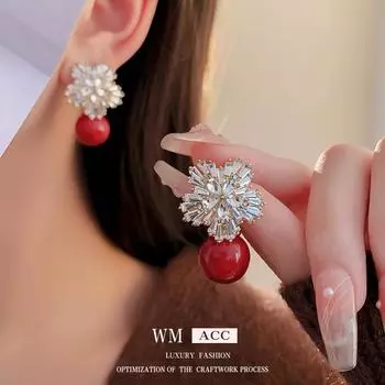 Серебряные игольчатые легкие роскошные серьги с бриллиантами и цветочным жемчугом, изысканные ретро-серьги с высококачественными серьгами красный