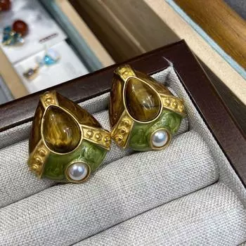 Серебряные игольчатые ретро-эмаль масляные капли ромбовидные жемчужные серьги женственные контрастные цветные серьги-гвоздики серьги в стиле суда модные