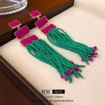 Серебряные игольчатые рисовые бусины с каплями масла, длинные серьги с кисточками, европейские и американские ретро-преувеличенные серьги для тяжелой промышленности, модные серьги в этническом стиле зелёный