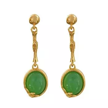 Серебряные игольчатые серьги из бамбука S925 Серьги из высококачественного зеленого агата T2896