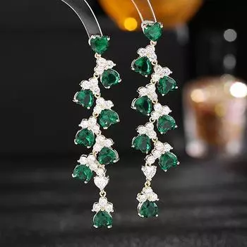 Серебряные игольчатые серьги S925 с преувеличенной атмосферой, элегантные длинные женские серьги в форме сердца из циркония зелёный