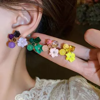 Серебряные игольчатые серьги с бриллиантами и опалами и кристаллами цветов, милые маленькие свежие модные серьги, простые темпераментные серьги