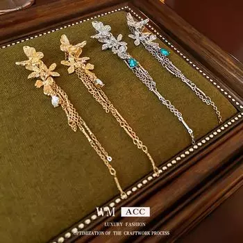 Серебряные игольчатые серьги с кисточками в виде цветка-бабочки и капель воды, инкрустированные бриллиантами, индивидуальный темперамент, модные серьги 1#