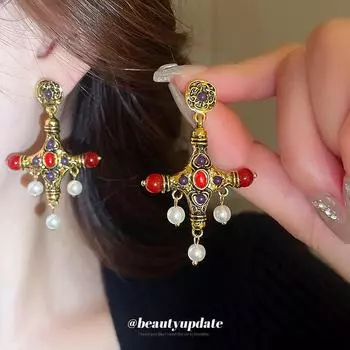Серебряные игольчатые средневековые винтажные серьги с жемчугом в форме креста - роскошные женские серьги в дворцовом стиле Silver Needle-Gold красный