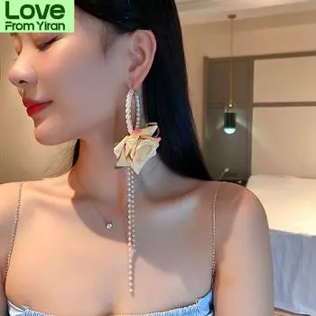 Серебряные игольчатые украшения 925 пробы с преувеличенной индивидуальностью, серьги-кольца с цветком жемчуга, одинарные, темпераментные, длинные женские серьги