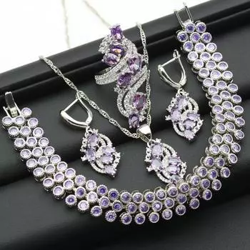 Серебряные комплекты ювелирных изделий для женщин, новые поступления, фиолетовый браслет с кубическим цирконием, серьги, ожерелье, кольцо, свадебный, рождественский подарок 9