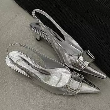 Серебряные новые женские туфли на каблуках с острым носком и пряжкой, женские босоножки с открытой пяткой, модные металлические женские туфли на низком каблуке 35 чёрный