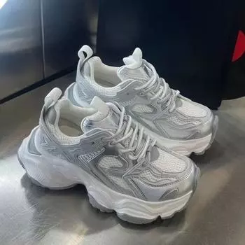 Серебряные папины туфли весна-лето новые сетчатые дышащие толстые подошвы увеличивающие рост женские туфли кожаные повседневные кроссовки 35