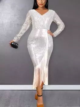 Серебряные платья миди, женские элегантные осенние наряды с v-образным вырезом и длинными рукавами, блестками, вечерние наряды для дня рождения, свадьбы, дамы M серебряный