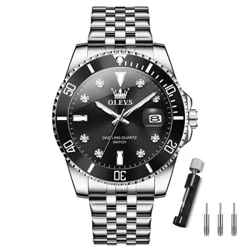 Серебряные популярные водонепроницаемые часы Olevs, черные аналоговые кварцевые деловые часы, черные стильные часы из нержавеющей стали с датой, простые часы с большим циферблатом для колледжа