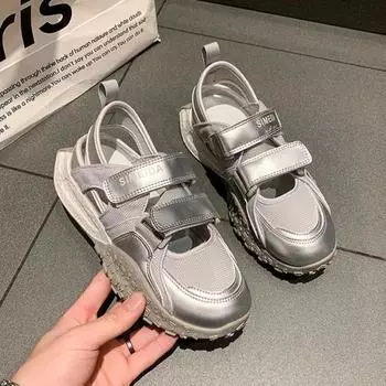 Серебряные повседневные туфли для женщин, кроссовки, модные полые спортивные сандалии, женские мягкие кожаные туфли на платформе для ходьбы Zapatos De Mujer 35