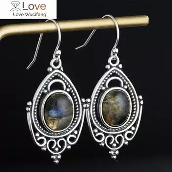 Серебряные ретро серьги из натурального лабрадорита для женщин, овальные, 8x10 мм, камень, винтажные подарочные серьги-гвоздики для вечеринки, оптовая продажа ювелирных изделий