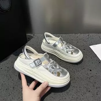 Серебряные сандалии Кожаные повседневные туфли Внутренняя обувь с высоким голенищем Летняя женская обувь 34 серебряный