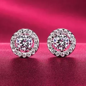 Серебряные серьги 925 пробы с роскошными круглыми циркониевыми бриллиантами, двойные серьги-гвоздики, свадебные украшения, подарок для женщин, никогда не померкнут