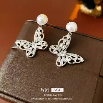 Серебряные серьги-бабочки с жемчугом - французская ретро-роскошь для женщин silver needle серебряный