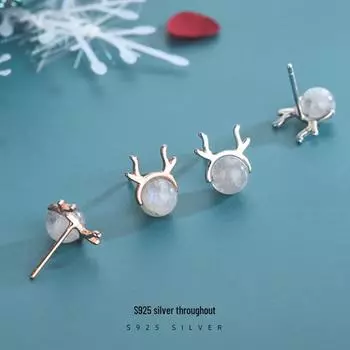 Серебряные серьги Banyan Tree из оленьих рогов с лунным камнем для женщин - элегантный рождественский дизайн с изображением лося ES642 розового золота