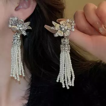 Серебряные серьги-гвоздики, инкрустированные стразами, цветочным жемчугом и кисточками, европейские и американские винтажные серьги в придворном стиле, легкие роскошные антикварные серьги