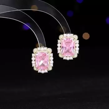 Серебряные серьги-гвоздики S925 с жемчужным кружевом премиум-класса, модные геометрические яркие супер-вспышки, прямоугольные большие серьги-гвоздики с цирконами розовый