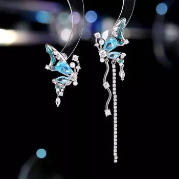 Серебряные серьги-гвоздики S925 «супер фея эльф» нишевый темперамент индивидуальный дизайн серьги AB асимметричные серьги-бабочки с кисточками синий