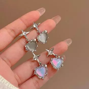 Серебряные серьги-гвоздики с кошачьим глазом и звездным сердцем, аксессуары для ушей разноцветный