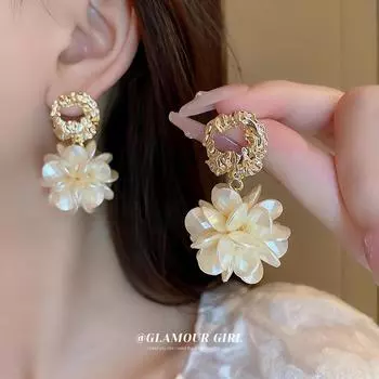 Серебряные серьги-игл с акриловыми цветами - элегантный и модный французский ретро-стиль Silver Needle золотой