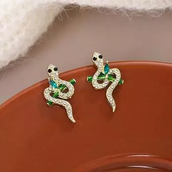 Серебряные серьги-игл с бриллиантами в форме змеи и листьев бамбука — уникальный, изысканный дизайн для женщин