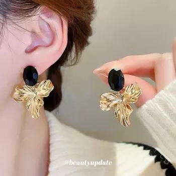 Серебряные серьги-игл с овальными бриллиантами в форме цветка - элегантный европейский и американский стиль для женщин gold чёрный