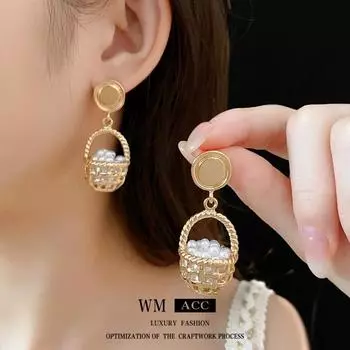 Серебряные серьги-иглы, Niche, Light Luxury, полые серьги-корзинки с искусственным жемчугом, ретро-серьги высокого класса золотой