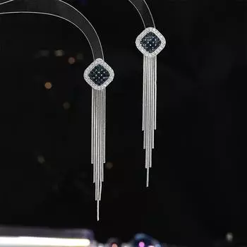 Серебряные серьги-иглы S925 с квадратной геометрической кисточкой, элегантные, универсальные, женственные, длинные серьги-гвоздики, серьги в ретро-стиле Гонконга для женщин серебряный