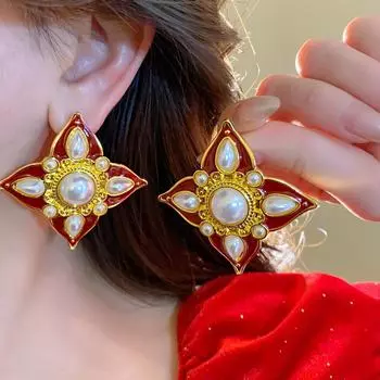 Серебряные серьги-иглы с бриллиантами и жемчугом в винтажном стиле — в стиле ретро-дворца с ощущением роскоши Gold красный