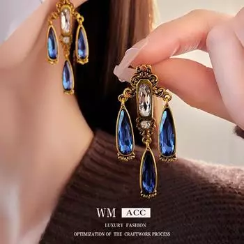 Серебряные серьги-капельки с бриллиантами и иглами, серьги в стиле ретро-дворца, универсальные серьги для женщин синий
