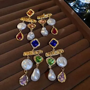 Серебряные серьги-кисточки с бриллиантами и жемчугом в средневековом дворце - асимметричный ретро-стиль silver needle синий