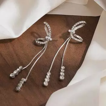 Серебряные серьги-кисточки с французским бантом для женщин - роскошные, инкрустированные бриллиантами, элегантные, длинные серьги с легким сказочным очарованием