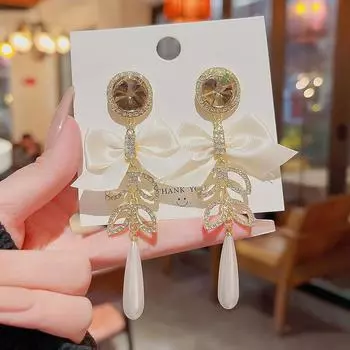 Серебряные серьги-кисточки с иглами 925 пробы, темпераментные серьги с жемчугом, расширенное чувство индивидуальности, серьги-бантики из шелка «Супер фея» на осень и зиму