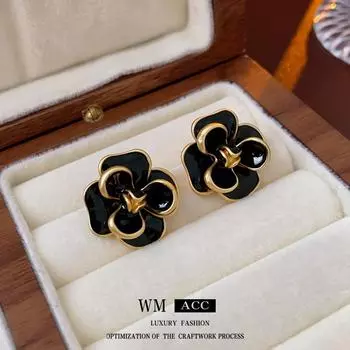 Серебряные серьги-подвески в виде цветка камелии в средневековом стиле — винтажный, модный и элегантный аксессуар класса люкс Silver Needle чёрный