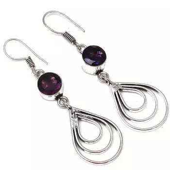 Серебряные серьги ручной работы с аметистовым кварцевым драгоценным камнем 1,5 дюйма