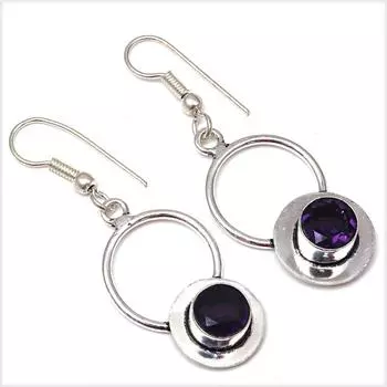 Серебряные серьги ручной работы с аметистовым кварцевым драгоценным камнем 1,5 дюйма