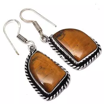 Серебряные серьги ручной работы с драгоценным камнем тигровый глаз 1,5 дюйма