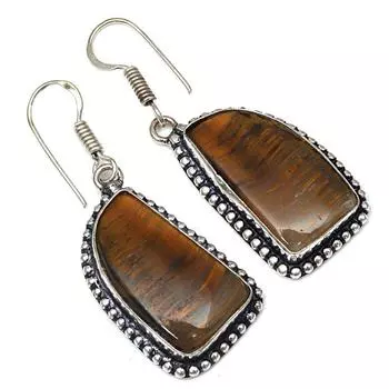 Серебряные серьги ручной работы с драгоценным камнем тигровый глаз 1,5 дюйма