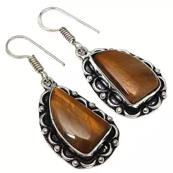 Серебряные серьги ручной работы с драгоценным камнем тигровый глаз 1,5 дюйма