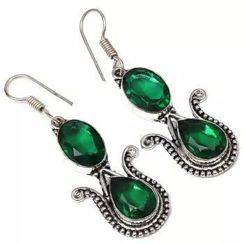 Серебряные серьги ручной работы с изумрудным кварцевым драгоценным камнем 1,5 дюйма