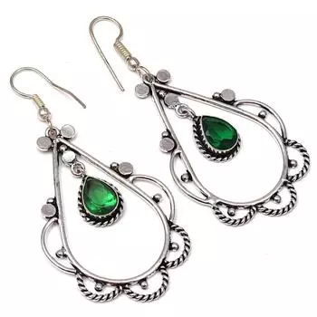 Серебряные серьги ручной работы с изумрудным кварцевым драгоценным камнем 1,5 дюйма
