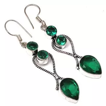 Серебряные серьги ручной работы с изумрудным кварцевым драгоценным камнем 1,5 дюйма
