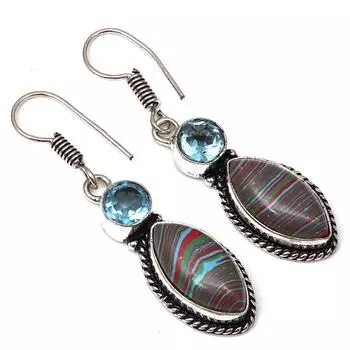 Серебряные серьги ручной работы с радужным кальциевым камнем 1,5 дюйма