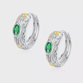 Серебряные серьги S925 Court Pattern Relief, женские серьги с объемной гравировкой в виде цветка, контрастные золотые и серебряные зеленые циркониевые серьги
