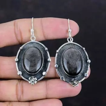 Серебряные серьги с обсидианом, натуральные драгоценные камни, серьги из стерлингового серебра 925 пробы, серьги ручной работы, подарки для жены, замечательные серебряные украшения