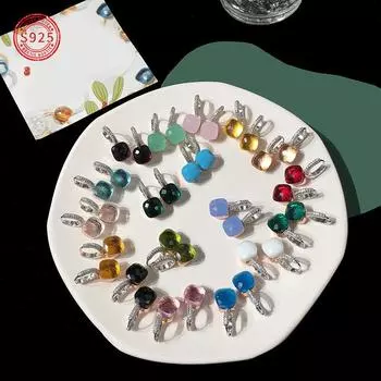 Серебряные серьги с темперой и бриллиантами конфетного цвета, квадратные серьги-гвоздики с кристаллами красный